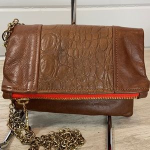 C Blau Croc Embossed Leather Foldover Clutch Boutique Convertible Bag Naples